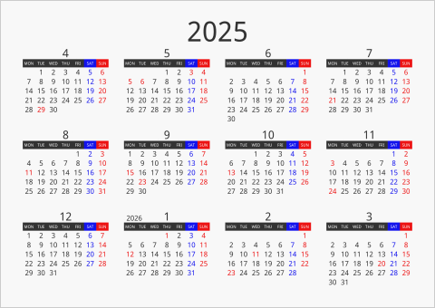 2025年 年間カレンダー フォーマル 枠なし 横向き 4月始まり 月曜始まり 曜日(英語)