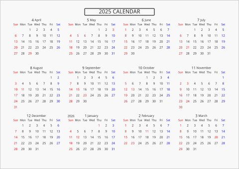 2025年 年間カレンダー 標準 枠なし 横向き 4月始まり 曜日(英語)