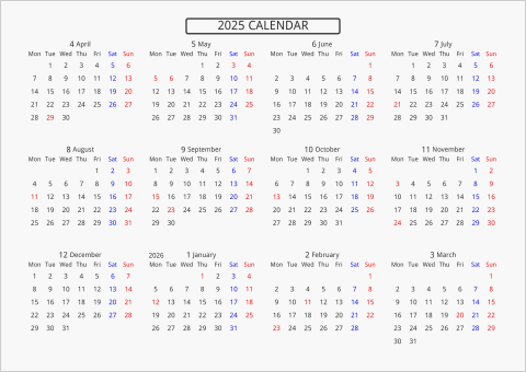 2025年 年間カレンダー 標準 枠なし 横向き 4月始まり 月曜始まり 曜日(英語)