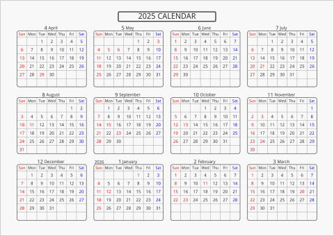 2025年 年間カレンダー 標準 角丸枠 横向き 4月始まり 曜日(英語)