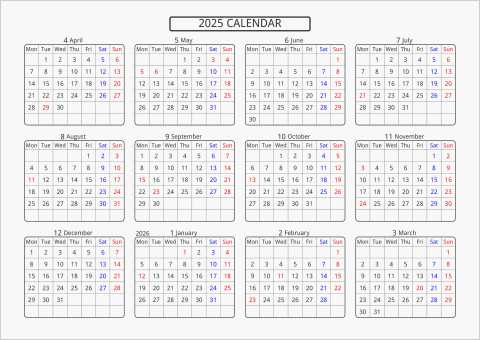2025年 年間カレンダー 標準 角丸枠 横向き 4月始まり 月曜始まり 曜日(英語)