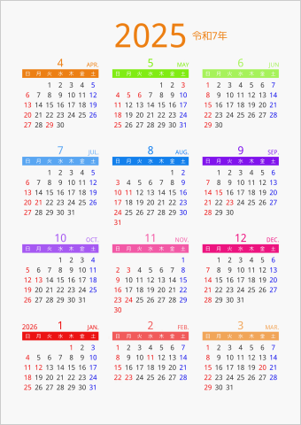 2025年 年間カレンダー カラフル 縦向き 4月始まり 曜日(日本語)