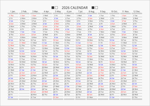 2026年 年間カレンダー 日付縦向き 曜日(英語)