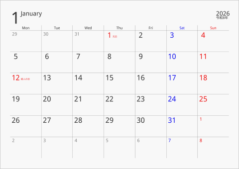 2026年 1ヶ月カレンダー ボーダーレス 月曜始まり 曜日(英語)