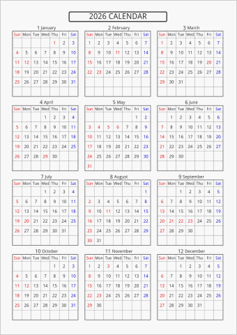 2026年 年間カレンダー 標準 枠あり 曜日(英語)