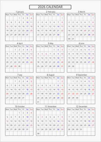 2026年 年間カレンダー 標準 枠あり 月曜始まり 曜日(英語)