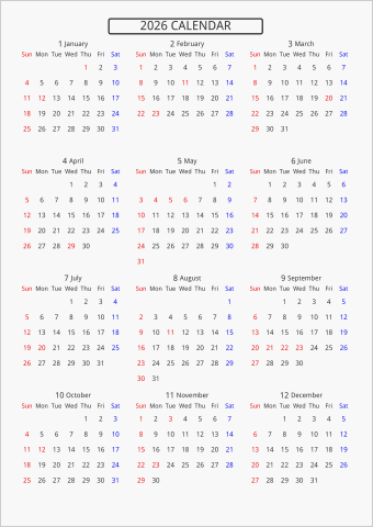 2026年 年間カレンダー 標準 枠なし 曜日(英語)