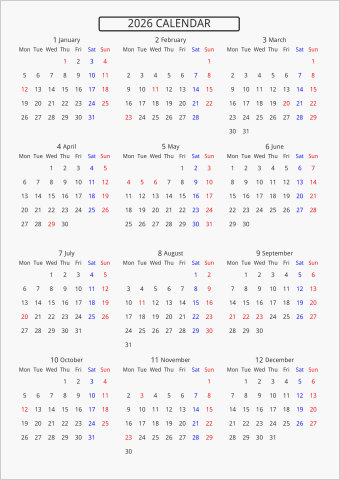 2026年 年間カレンダー 標準 枠なし 月曜始まり 曜日(英語)