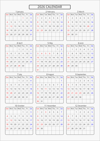 2026年 年間カレンダー 標準 角丸枠 曜日(英語)