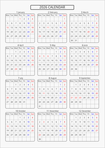 2026年 年間カレンダー 標準 角丸枠 月曜始まり 曜日(英語)