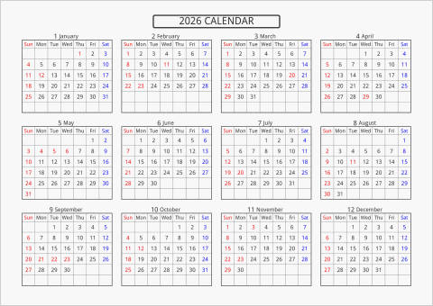 2026年 年間カレンダー 標準 横向き 曜日(英語)