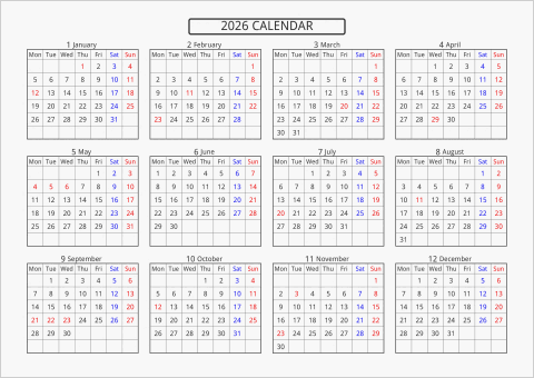 2026年 年間カレンダー 標準 横向き 月曜始まり 曜日(英語)