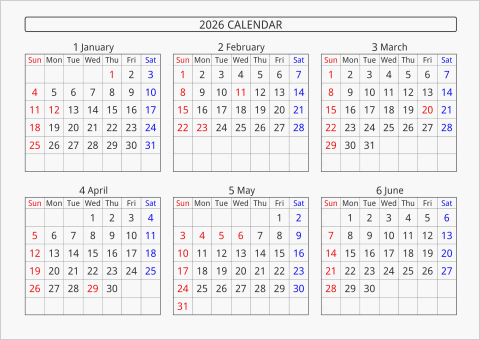 2026年 6ヶ月カレンダー 横向き 曜日(英語)
