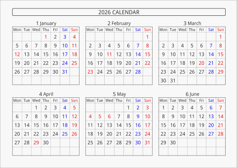 2026年 6ヶ月カレンダー 横向き 月曜始まり 曜日(英語)