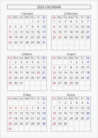 2026年 6ヶ月カレンダー 縦向き 曜日(英語)