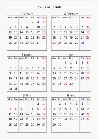 2026年 6ヶ月カレンダー 縦向き 月曜始まり 曜日(英語)