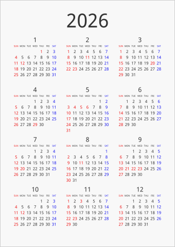 2026年 年間カレンダー シンプル 縦向き 曜日(英語)