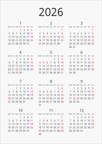 2026年 年間カレンダー シンプル 縦向き 月曜始まり 曜日(英語)