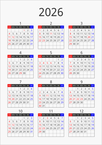 2026年 年間カレンダー フォーマル 縦向き 曜日(英語)