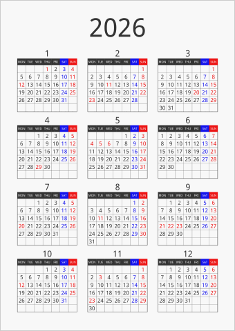 2026年 年間カレンダー フォーマル 縦向き 月曜始まり 曜日(英語)