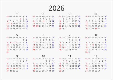 2026年 年間カレンダー シンプル 横向き 曜日(英語)