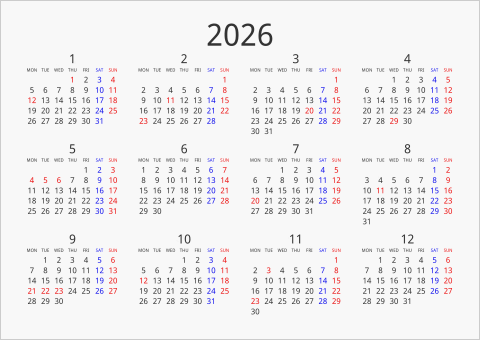 2026年 年間カレンダー シンプル 横向き 月曜始まり 曜日(英語)