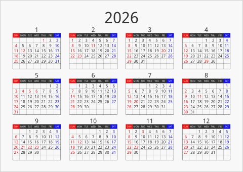 2026年 年間カレンダー フォーマル 横向き 曜日(英語)