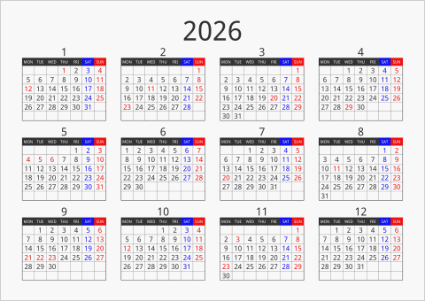 2026年 年間カレンダー フォーマル 横向き 月曜始まり 曜日(英語)