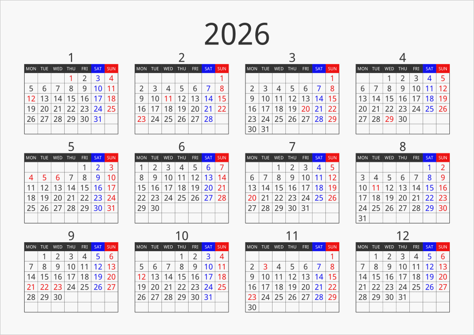 2026年 年間カレンダー フォーマル 横向き | パソコンカレンダーサイト