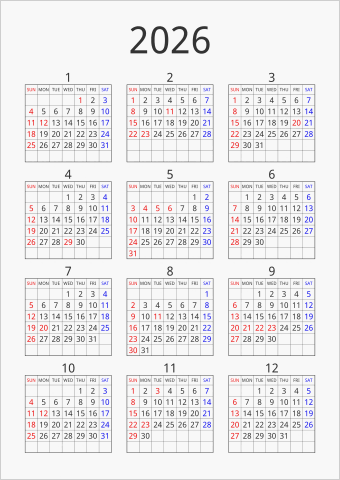 2026年 年間カレンダー シンプル 枠あり 縦向き 曜日(英語)