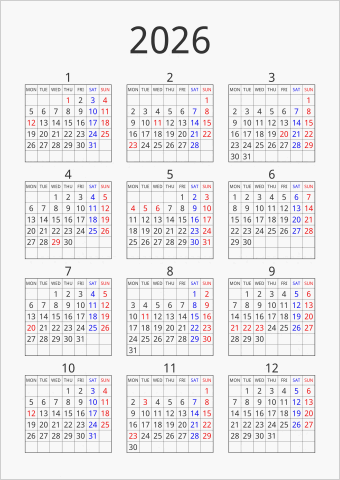 2026年 年間カレンダー シンプル 枠あり 縦向き 月曜始まり 曜日(英語)