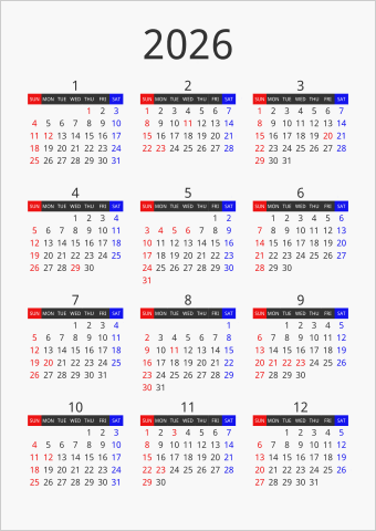 2026年 年間カレンダー フォーマル 枠なし 縦向き 曜日(英語)