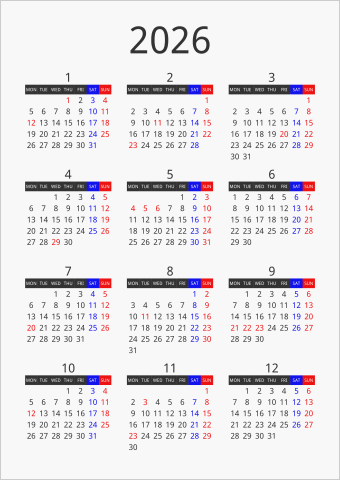 2026年 年間カレンダー フォーマル 枠なし 縦向き 月曜始まり 曜日(英語)