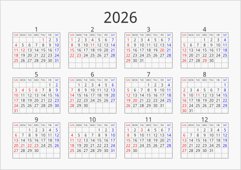 2026年 年間カレンダー シンプル 枠あり 横向き 曜日(英語)