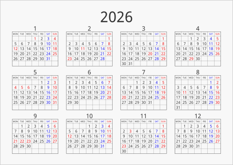 2026年 年間カレンダー シンプル 枠あり 横向き 月曜始まり 曜日(英語)