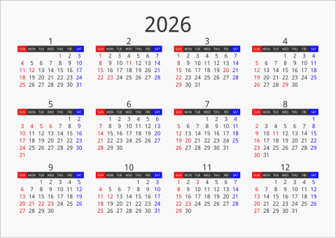 2026年 年間カレンダー フォーマル 枠なし 横向き 曜日(英語)
