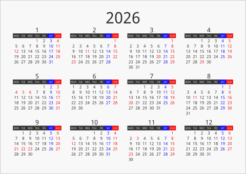 2026年 年間カレンダー フォーマル 枠なし 横向き 月曜始まり 曜日(英語)