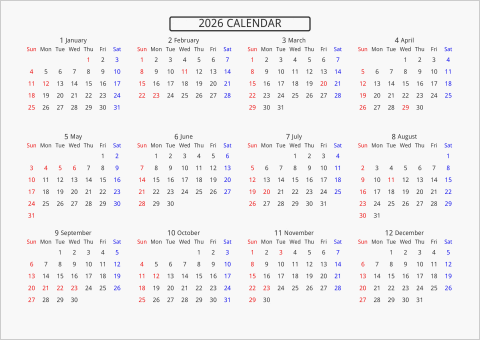 2026年 年間カレンダー 標準 枠なし 横向き 曜日(英語)