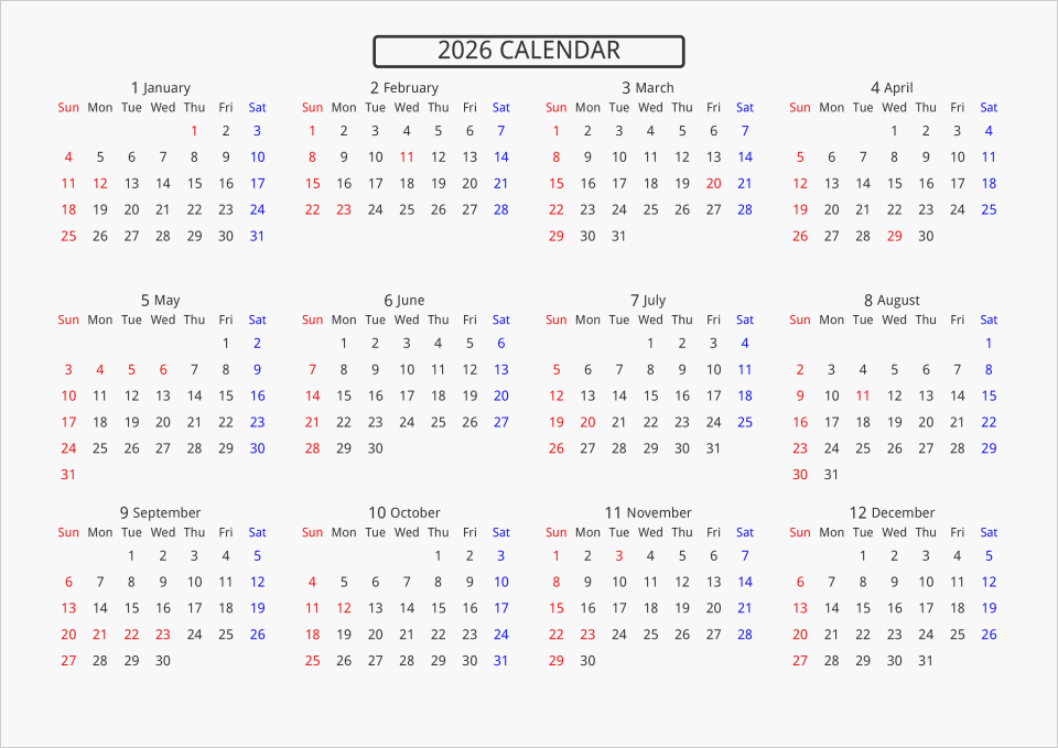 2026年 年間カレンダー 標準 枠なし 横向き | パソコンカレンダーサイト