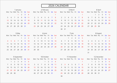 2026年 年間カレンダー 標準 枠なし 横向き 月曜始まり 曜日(英語)