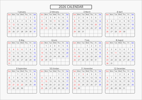 2026年 年間カレンダー 標準 角丸枠 横向き 曜日(英語)