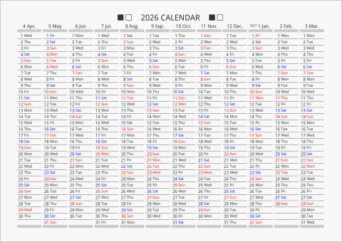 2026年 年間カレンダー 日付縦向き 4月始まり 曜日(英語)