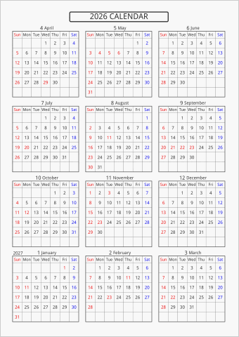 2026年 年間カレンダー 標準 枠あり 4月始まり 曜日(英語)