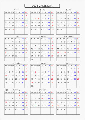 2026年 年間カレンダー 標準 枠あり 4月始まり 月曜始まり 曜日(英語)