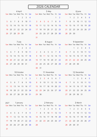 2026年 年間カレンダー 標準 枠なし 4月始まり 曜日(英語)