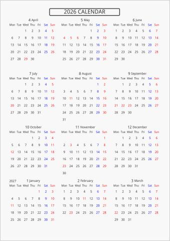 2026年 年間カレンダー 標準 枠なし 4月始まり 月曜始まり 曜日(英語)