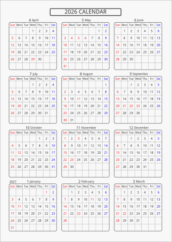 2026年 年間カレンダー 標準 角丸枠 4月始まり 曜日(英語)