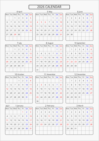 2026年 年間カレンダー 標準 角丸枠 4月始まり 月曜始まり 曜日(英語)