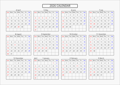 2026年 年間カレンダー 標準 横向き 4月始まり 曜日(英語)