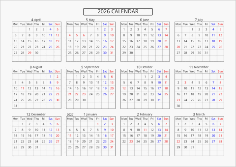 2026年 年間カレンダー 標準 横向き 4月始まり 月曜始まり 曜日(英語)